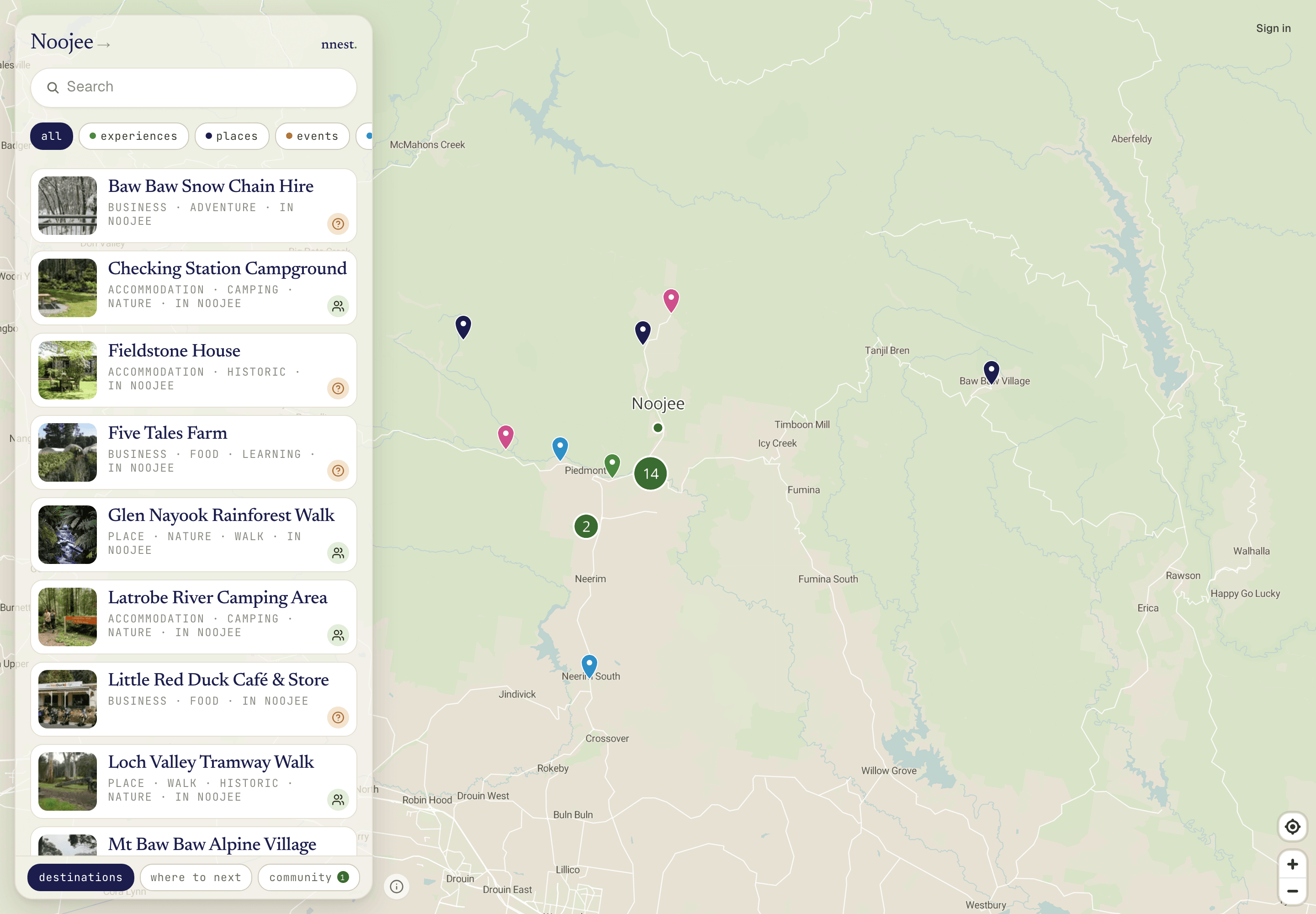 The nnest discovery map with the destinations list beside it